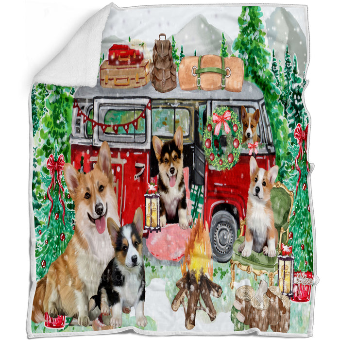 Christmas Time Camping with Corgi Dogs Blanket - Lightweight Soft Cozy and Durable Bed Blanket - Animal Theme Fuzzy Blanket for Sofa Couch