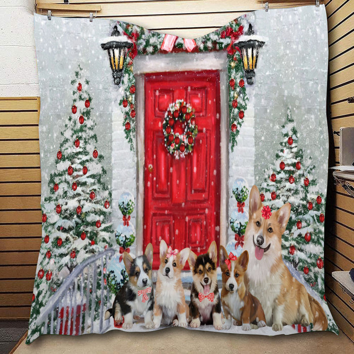 Christmas Holiday Welcome Corgi Dogs  Quilt Bed Coverlet Bedspread - Pets Comforter Unique One-side Animal Printing - Soft Lightweight Durable Washable Polyester Quilt