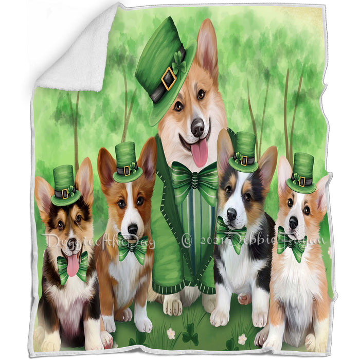 St. Patricks Day Irish Family Portrait Corgi Dogs Blanket BLNKT54687