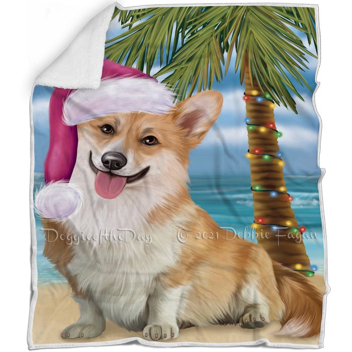 Summertime Happy Holidays Christmas Corgi Dog on Tropical Island Beach Blanket