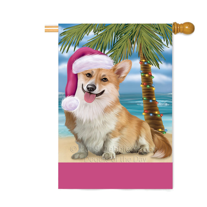 Personalized Summertime Happy Holidays Christmas Corgi Dog on Tropical Island Beach Custom House Flag FLG-DOTD-A60519