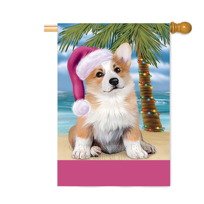 Personalized Summertime Happy Holidays Christmas Corgi Dog on Tropical Island Beach Custom House Flag FLG-DOTD-A60520