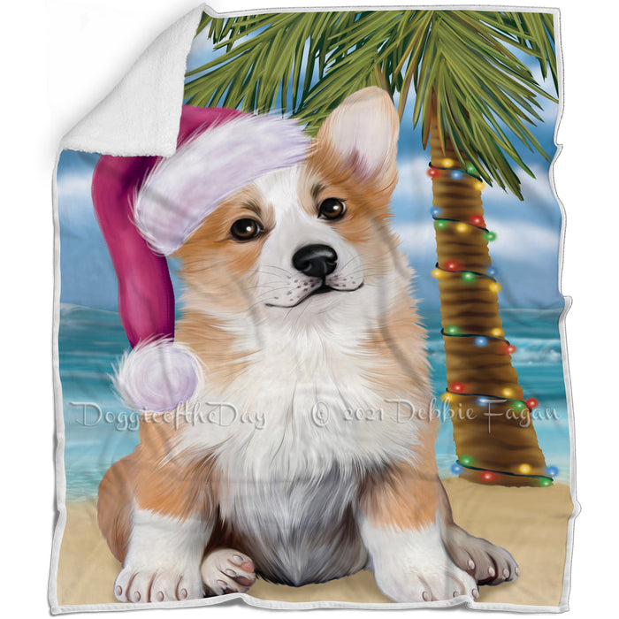 Summertime Happy Holidays Christmas Corgi Dog on Tropical Island Beach Blanket