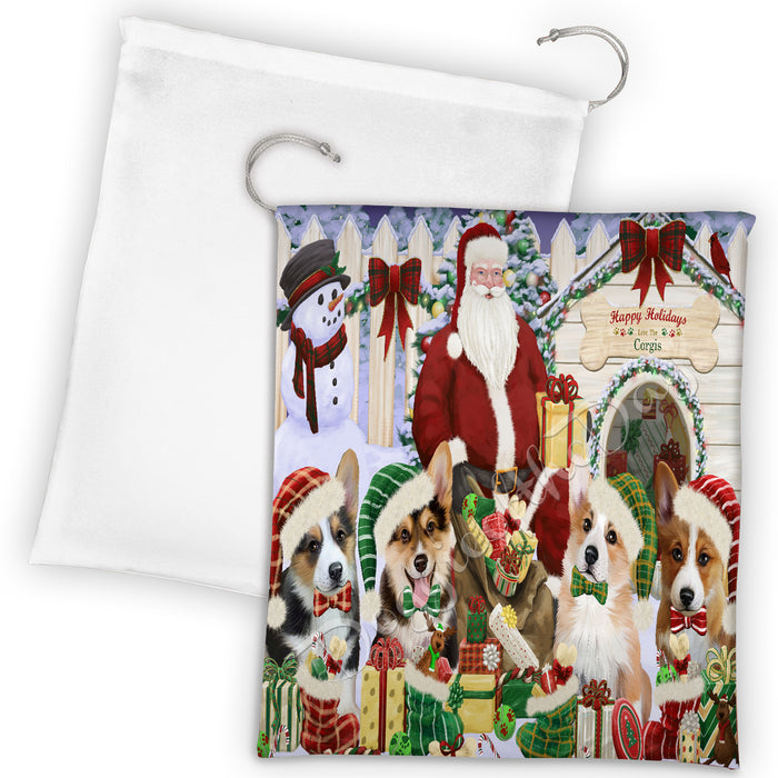Happy Holidays Christmas Corgi Dogs House Gathering Drawstring Laundry or Gift Bag LGB48039