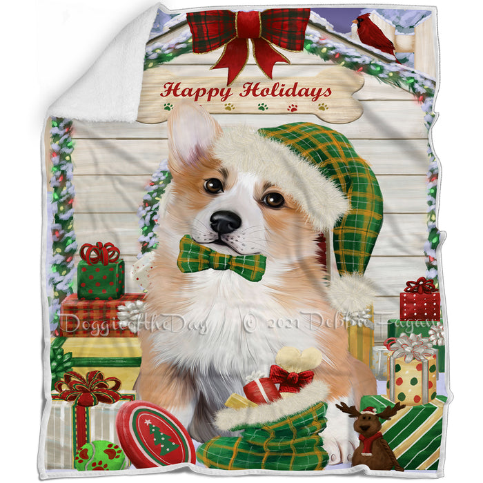 Happy Holidays Christmas Corgi Dog House with Presents Blanket BLNKT78816