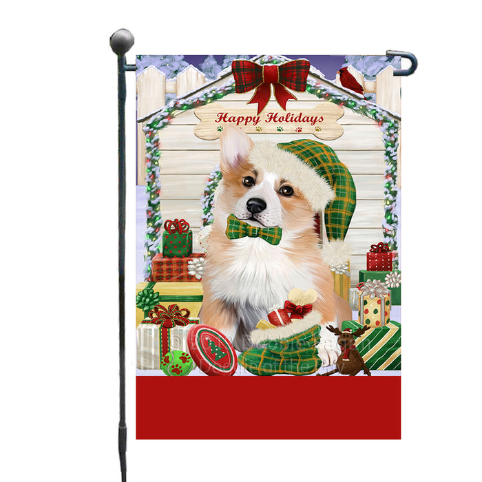 Personalized Happy Holidays Christmas Corgi Dog House with Presents Custom Garden Flags GFLG-DOTD-A59313