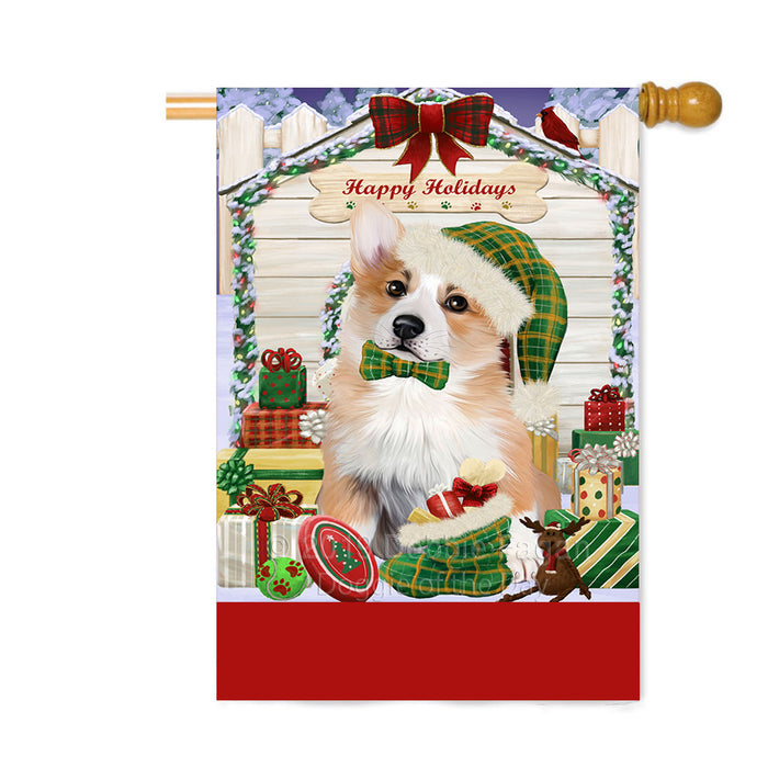 Personalized Happy Holidays Christmas Corgi Dog House with Presents Custom House Flag FLG-DOTD-A59369