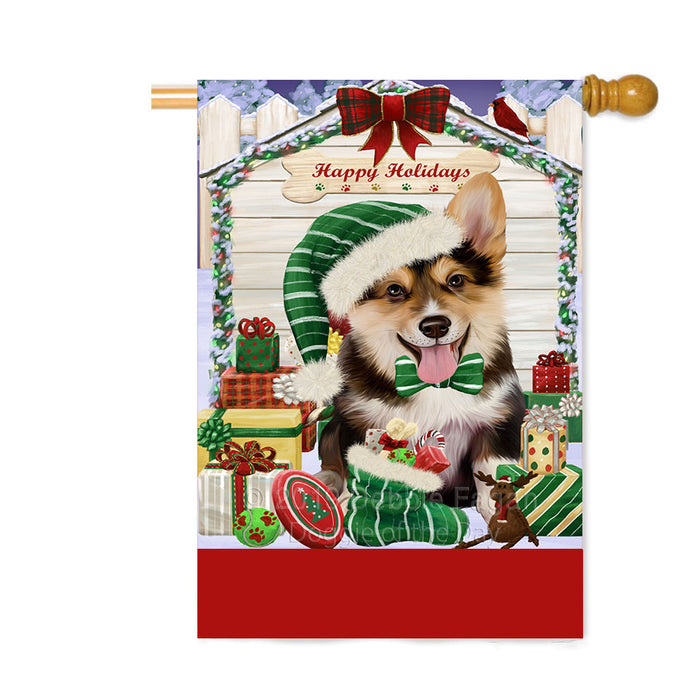 Personalized Happy Holidays Christmas Corgi Dog House with Presents Custom House Flag FLG-DOTD-A59370