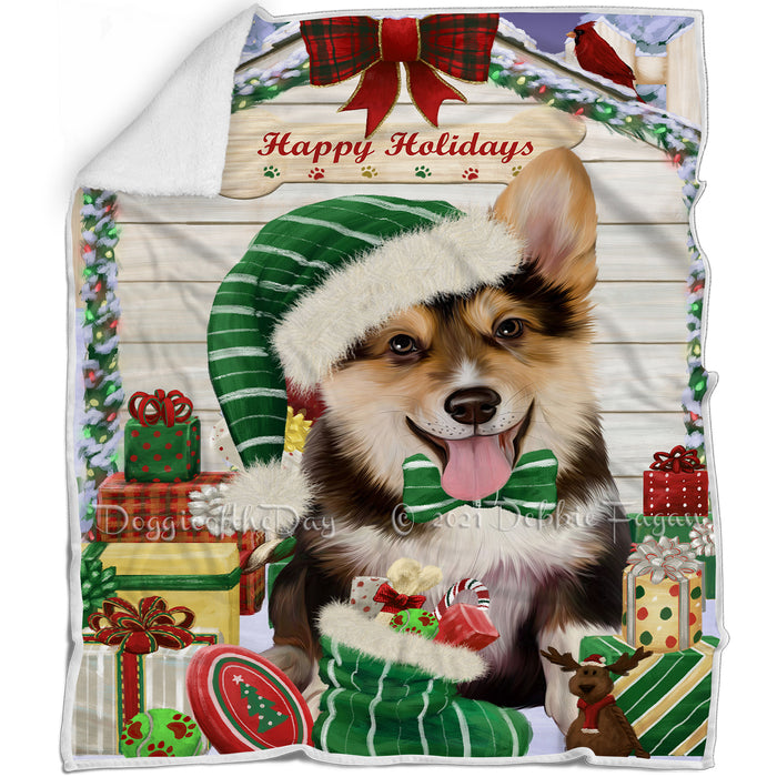 Happy Holidays Christmas Corgi Dog House with Presents Blanket BLNKT78825
