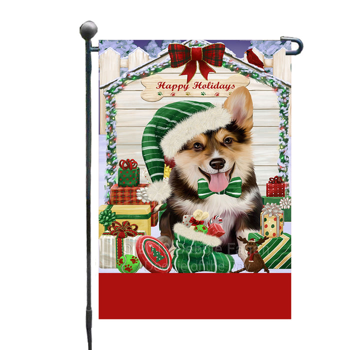 Personalized Happy Holidays Christmas Corgi Dog House with Presents Custom Garden Flags GFLG-DOTD-A59314