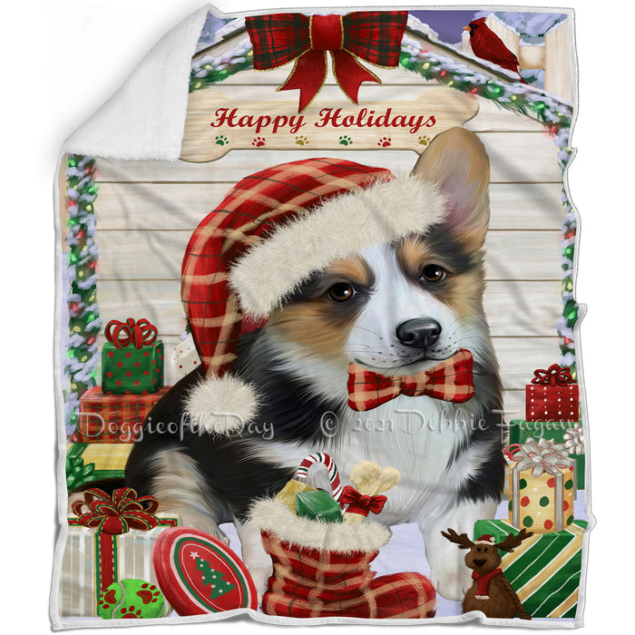 Happy Holidays Christmas Corgi Dog House with Presents Blanket BLNKT78834