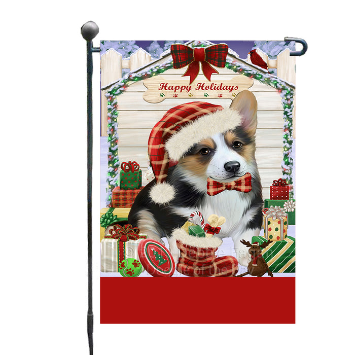 Personalized Happy Holidays Christmas Corgi Dog House with Presents Custom Garden Flags GFLG-DOTD-A59315