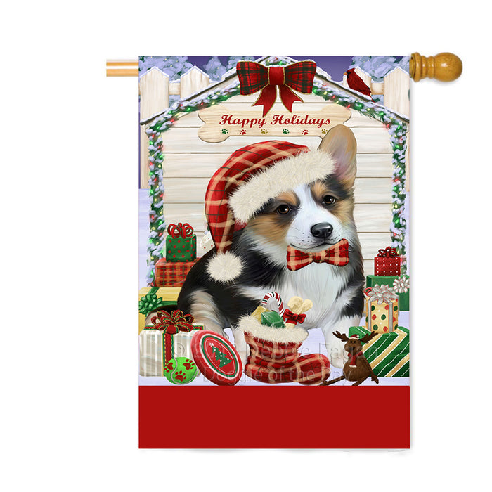 Personalized Happy Holidays Christmas Corgi Dog House with Presents Custom House Flag FLG-DOTD-A59371