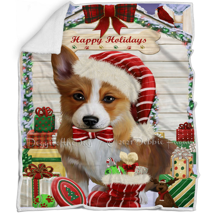 Happy Holidays Christmas Corgi Dog House with Presents Blanket BLNKT78843