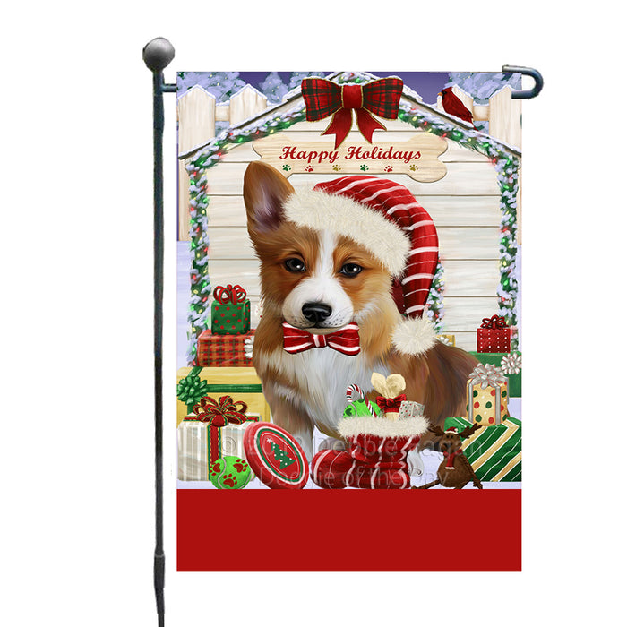 Personalized Happy Holidays Christmas Corgi Dog House with Presents Custom Garden Flags GFLG-DOTD-A59316