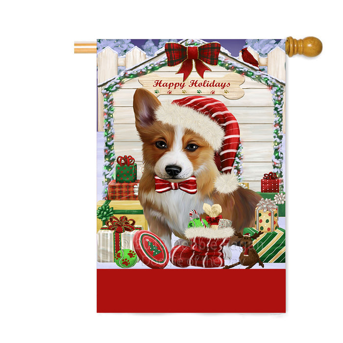Personalized Happy Holidays Christmas Corgi Dog House with Presents Custom House Flag FLG-DOTD-A59372