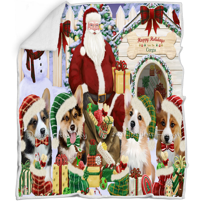 Happy Holidays Christmas Corgis Dog House Gathering Blanket BLNKT78573