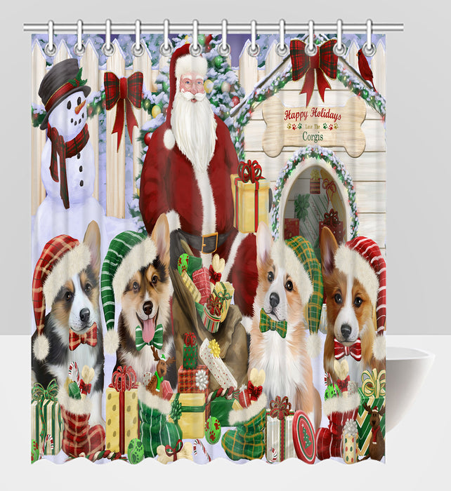 Happy Holidays Christmas Corgi Dogs House Gathering Shower Curtain