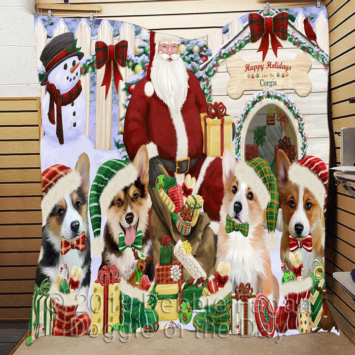Happy Holidays Christmas Corgi Dogs House Gathering Quilt