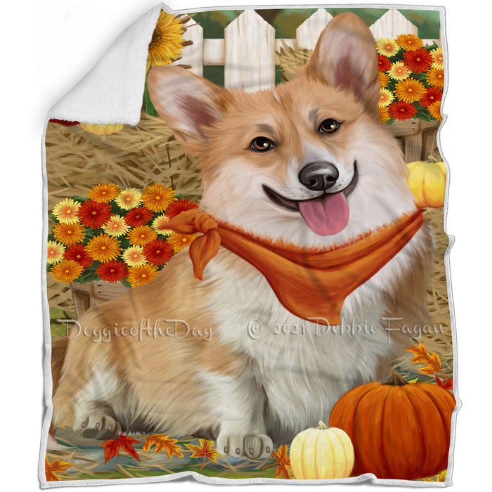 Fall Autumn Greeting Corgi Dog with Pumpkins Blanket BLNKT72714