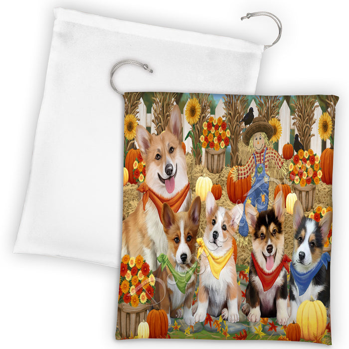 Fall Festive Harvest Time Gathering Corgi Dogs Drawstring Laundry or Gift Bag LGB48397
