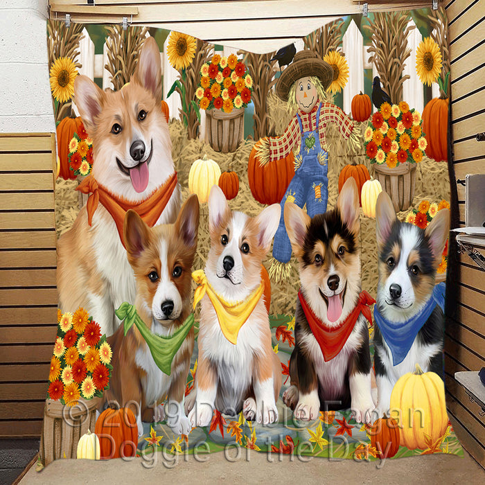 Fall Festive Harvest Time Gathering Corgi Dogs Quilt