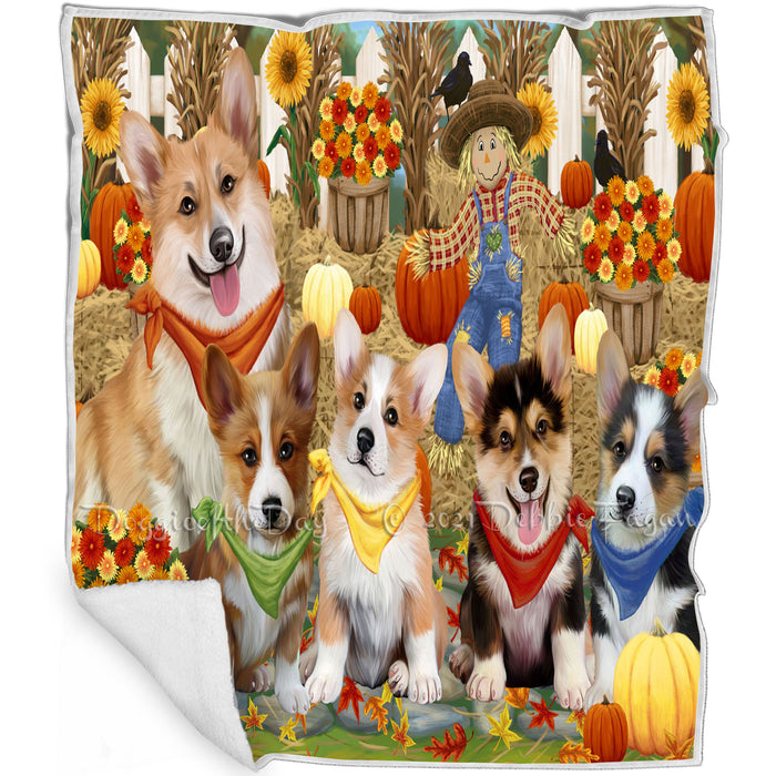 Fall Festive Gathering Corgis Dog with Pumpkins Blanket BLNKT71832