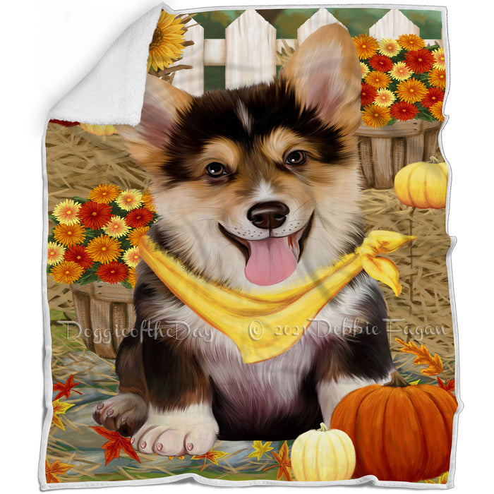 Fall Autumn Greeting Corgi Dog with Pumpkins Blanket BLNKT72723
