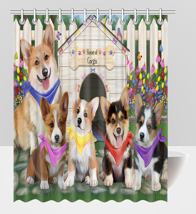 Spring Dog House Corgi Dogs Shower Curtain