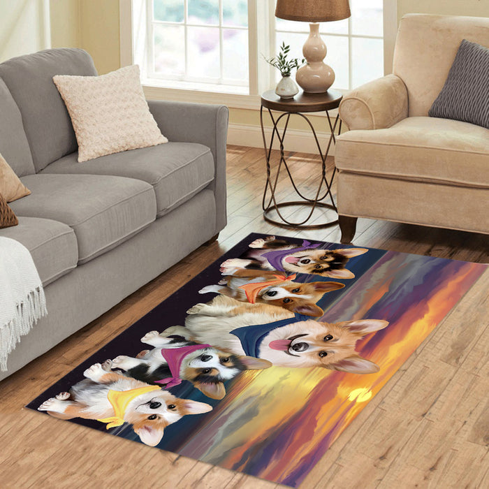 Family Sunset Portrait Corgi Dogs Area Rug