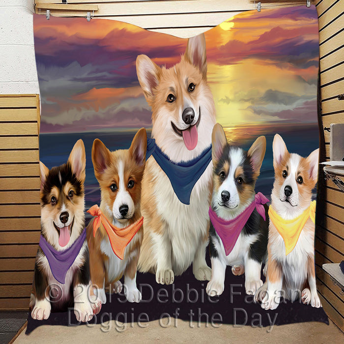 Family Sunset Portrait Corgi Dogs Quilt