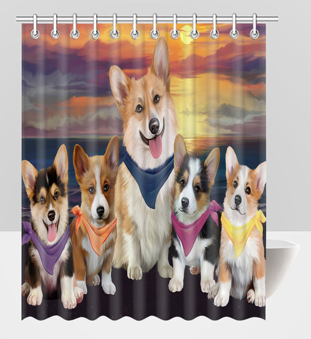 Family Sunset Portrait Corgi Dogs Shower Curtain