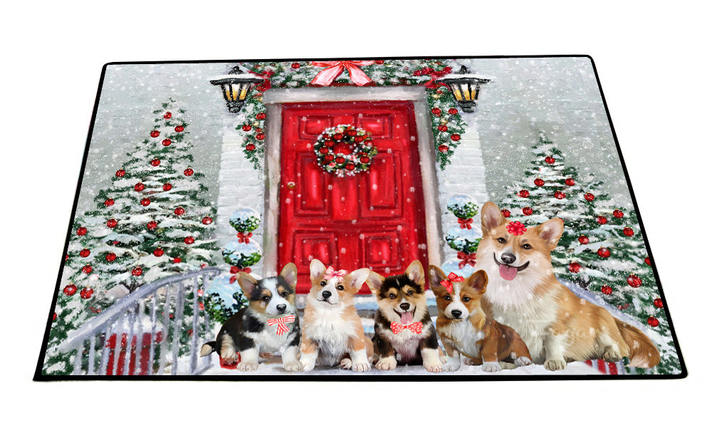 Christmas Holiday Welcome Corgi Dogs Floor Mat- Anti-Slip Pet Door Mat Indoor Outdoor Front Rug Mats for Home Outside Entrance Pets Portrait Unique Rug Washable Premium Quality Mat