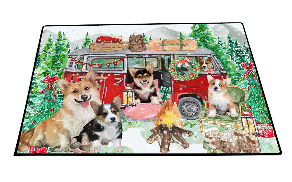 Christmas Time Camping with Corgi Dogs Floor Mat- Anti-Slip Pet Door Mat Indoor Outdoor Front Rug Mats for Home Outside Entrance Pets Portrait Unique Rug Washable Premium Quality Mat