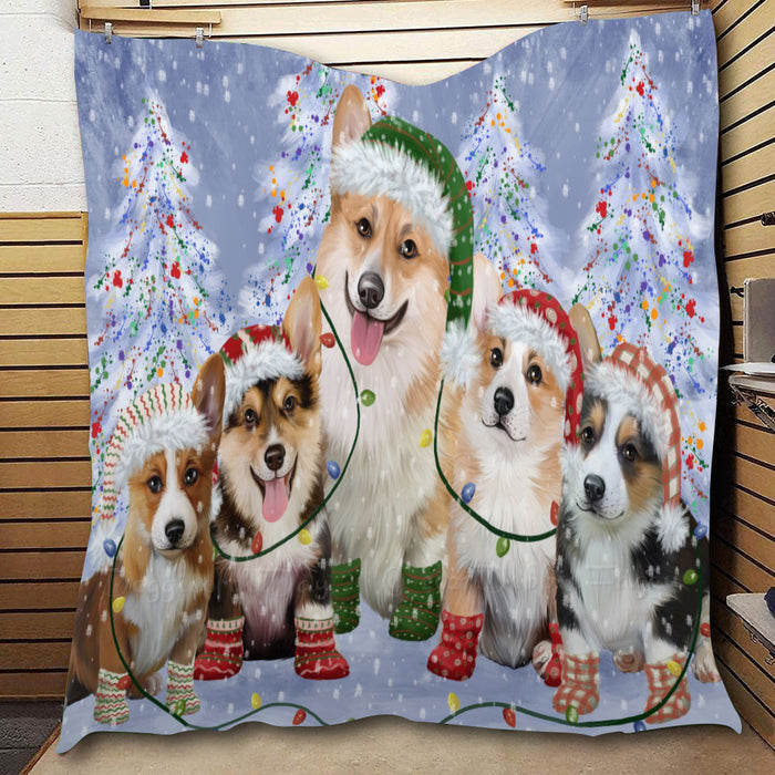 Christmas Lights and Corgi Dogs  Quilt Bed Coverlet Bedspread - Pets Comforter Unique One-side Animal Printing - Soft Lightweight Durable Washable Polyester Quilt