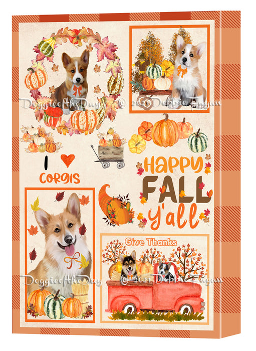 Happy Fall Y'all Pumpkin Corgi Dogs Canvas Wall Art - Premium Quality Ready to Hang Room Decor Wall Art Canvas - Unique Animal Printed Digital Painting for Decoration