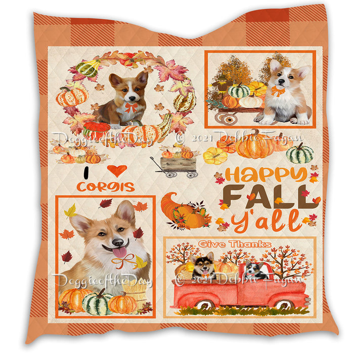 Happy Fall Y'all Pumpkin Corgi Dogs Quilt Bed Coverlet Bedspread - Pets Comforter Unique One-side Animal Printing - Soft Lightweight Durable Washable Polyester Quilt
