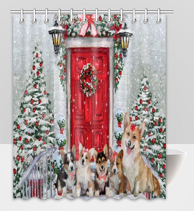 Christmas Holiday Welcome Corgi Dogs Shower Curtain Pet Painting Bathtub Curtain Waterproof Polyester One-Side Printing Decor Bath Tub Curtain for Bathroom with Hooks