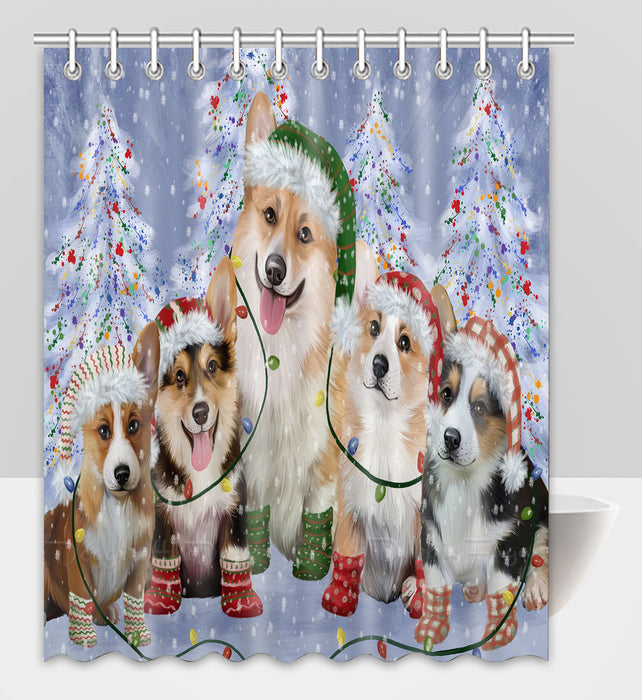 Christmas Lights and Corgi Dogs Shower Curtain Pet Painting Bathtub Curtain Waterproof Polyester One-Side Printing Decor Bath Tub Curtain for Bathroom with Hooks