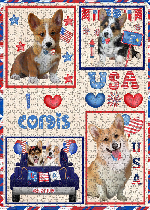 4th of July Independence Day I Love USA Corgi Dogs Portrait Jigsaw Puzzle for Adults Animal Interlocking Puzzle Game Unique Gift for Dog Lover's with Metal Tin Box