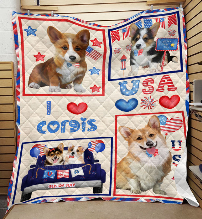 4th of July Independence Day I Love USA Corgi Dogs Quilt Bed Coverlet Bedspread - Pets Comforter Unique One-side Animal Printing - Soft Lightweight Durable Washable Polyester Quilt
