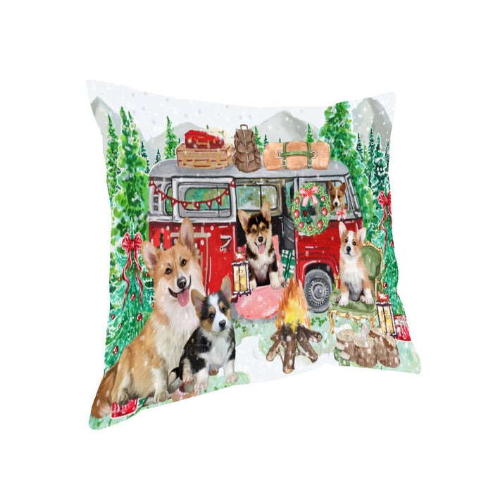 Christmas Time Camping with Corgi Dogs Pillow with Top Quality High-Resolution Images - Ultra Soft Pet Pillows for Sleeping - Reversible & Comfort - Ideal Gift for Dog Lover - Cushion for Sofa Couch Bed - 100% Polyester