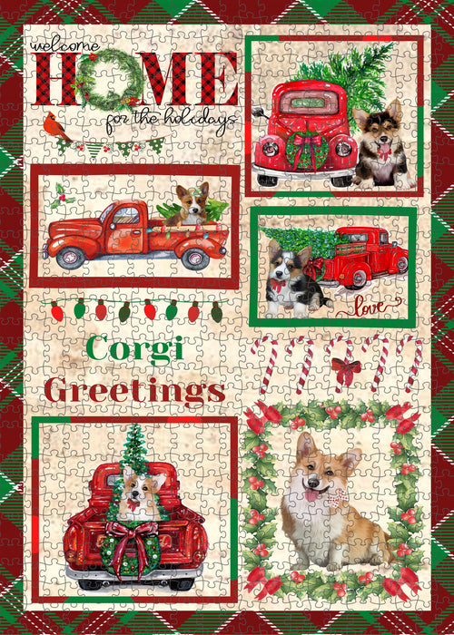 Welcome Home for Christmas Holidays Corgi Dogs Portrait Jigsaw Puzzle for Adults Animal Interlocking Puzzle Game Unique Gift for Dog Lover's with Metal Tin Box