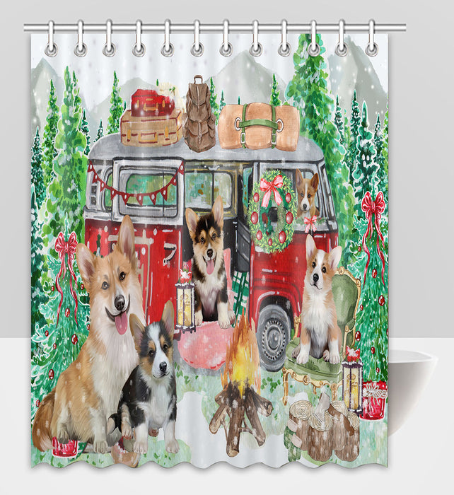 Christmas Time Camping with Corgi Dogs Shower Curtain Pet Painting Bathtub Curtain Waterproof Polyester One-Side Printing Decor Bath Tub Curtain for Bathroom with Hooks