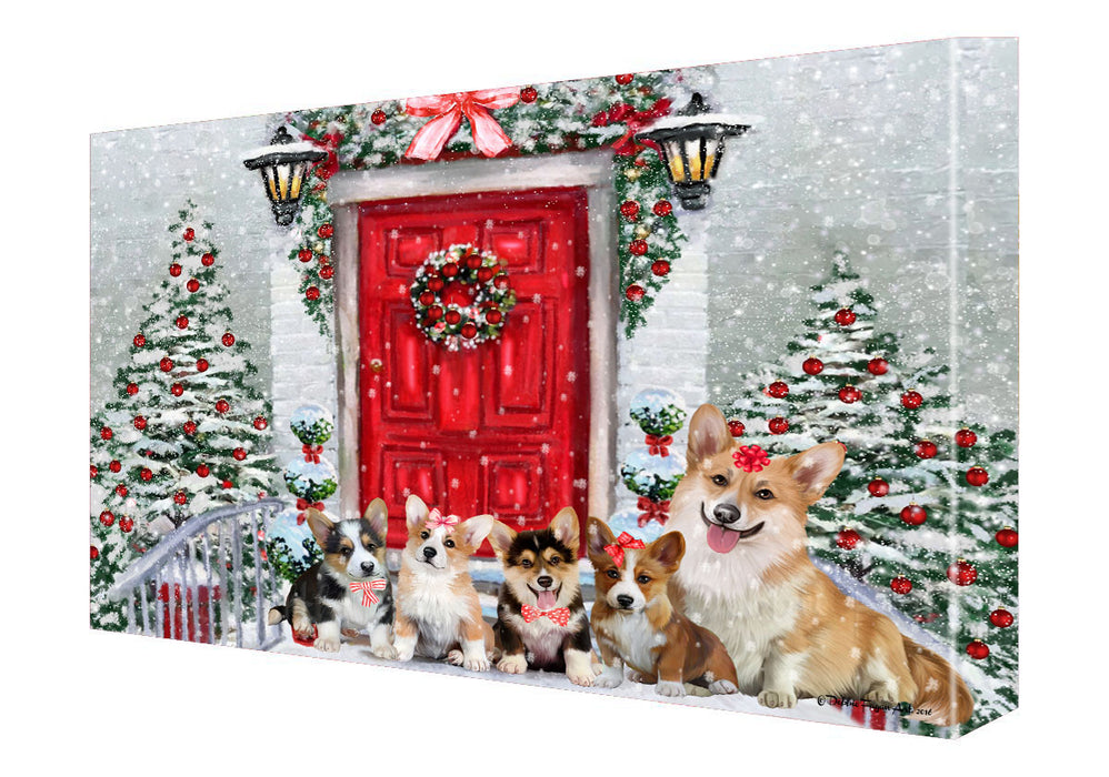 Christmas Holiday Welcome Corgi Dogs Canvas Wall Art - Premium Quality Ready to Hang Room Decor Wall Art Canvas - Unique Animal Printed Digital Painting for Decoration