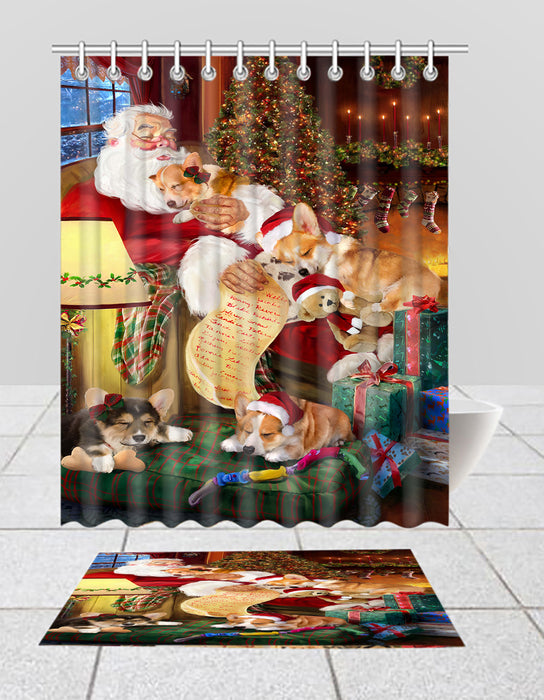 Santa Sleeping with Corgi Dogs  Bath Mat and Shower Curtain Combo