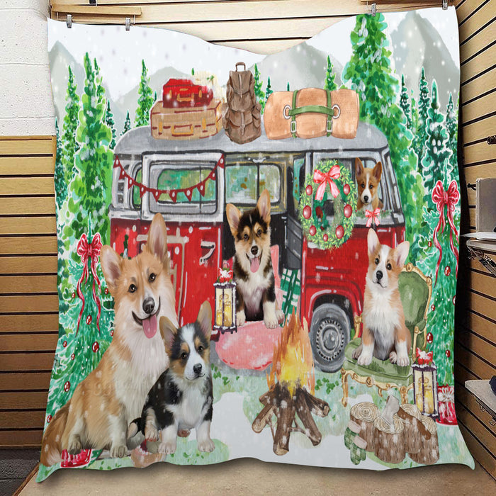 Christmas Time Camping with Corgi Dogs  Quilt Bed Coverlet Bedspread - Pets Comforter Unique One-side Animal Printing - Soft Lightweight Durable Washable Polyester Quilt