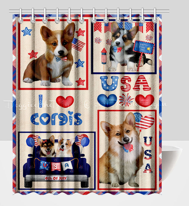 4th of July Independence Day I Love USA Corgi Dogs Shower Curtain Pet Painting Bathtub Curtain Waterproof Polyester One-Side Printing Decor Bath Tub Curtain for Bathroom with Hooks