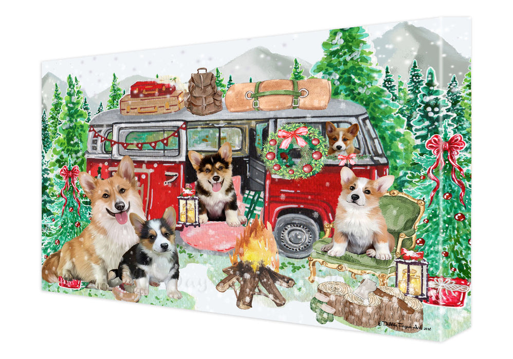 Christmas Time Camping with Corgi Dogs Canvas Wall Art - Premium Quality Ready to Hang Room Decor Wall Art Canvas - Unique Animal Printed Digital Painting for Decoration