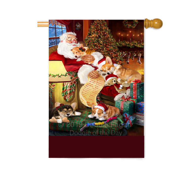 Personalized Corgi Dogs and Puppies Sleeping with Santa Custom House Flag FLG-DOTD-A62679